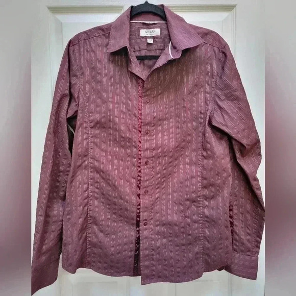 Guess Other - GUESS Men's Brown w/silver strips woven in Button Down Long Sleeve Shirt Size M